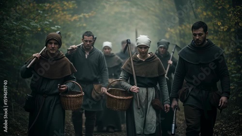 Medieval peasants carrying baskets in misty forest. Historical reenactment of rural life in Middle Ages. Atmospheric scene for period drama or documentary
