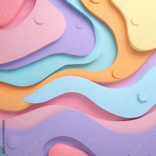 Abstract, layered, pastel-colored shapes, resembling a stylized landscape or terrain