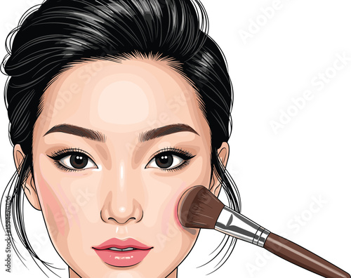 Digital beauty illustration, black hair styling, makeup application, fashion concept, cosmetics art, professional tools, beauty routine, elegant portrait, clean design