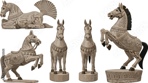 Handcrafted wooden horse statues, traditional equestrian art, detailed craftsmanship, decorative collectibles, carved wood figures, rustic home décor, cultural designs, gift ideas