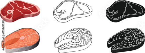 Different cuts of meat and salmon steak illustration in color outline and silhouette style design vector