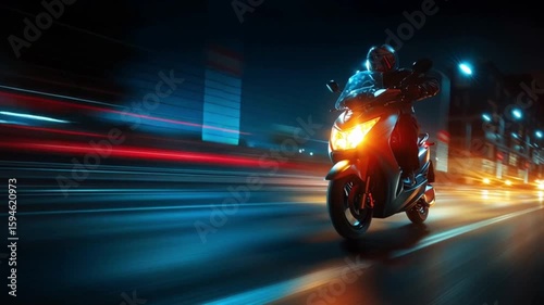 Motorcyclist Riding Fast Through Neon-Lit City Streets at Night