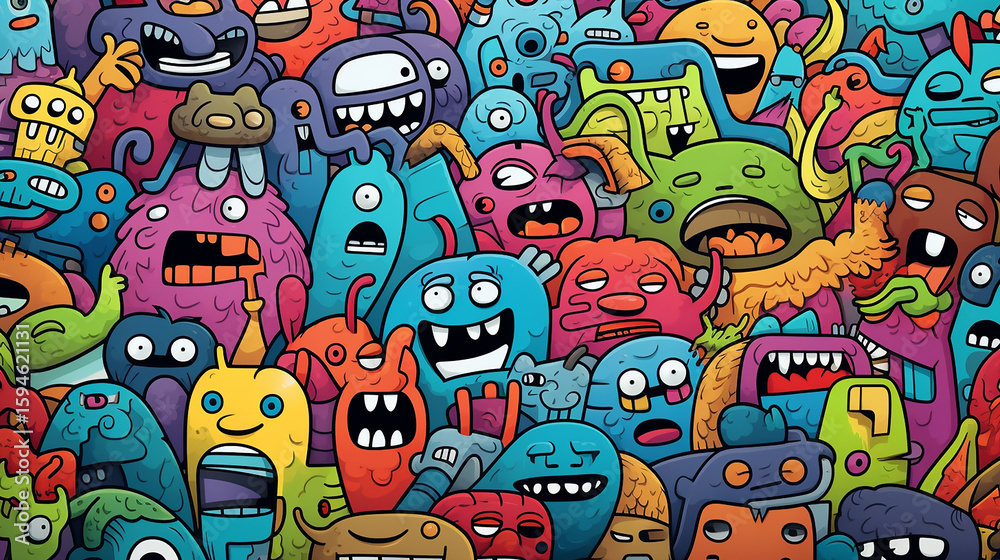 Fototapeta premium Vibrant cartoon monsters playful group, fun, quirky, colorful.