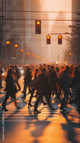 Crowd Crossing City Street at Sunset with Traffic Lights