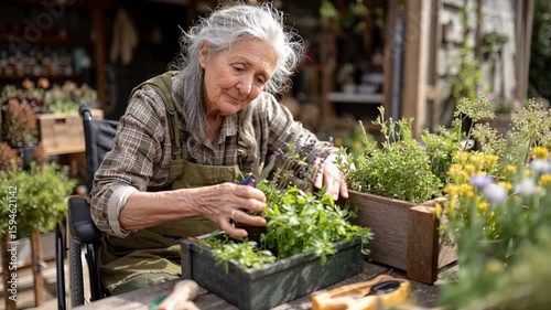 Elderly Woman Gardening in Wheelchair on a Sunny Day