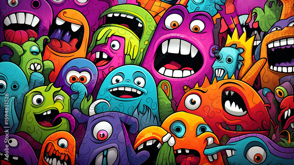 Fototapeta premium Vibrant cartoon monsters in a chaotic, fun collection