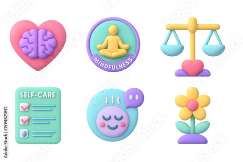 3d wellness icons: mindfulness, self-care, and emotional balance symbols
