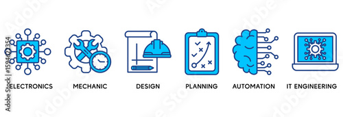 Engineering icon set vector illustration concept relate to electronics, mechanic, design, planning, automation and it engineering