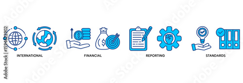 Ifrs icon set vector illustration concept relate to international financial reporting standards with icon of global, network, money, documents, books, and writing