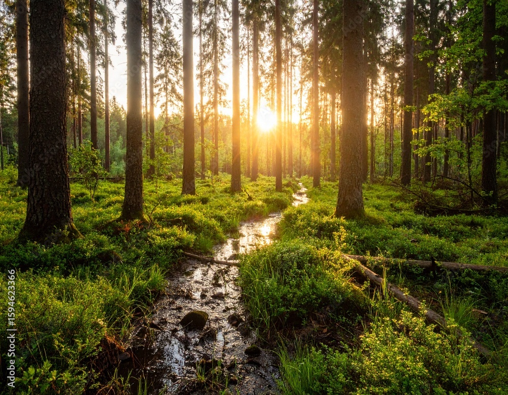 Obraz premium Sunlit Forest Scene with Stream and Lush Greenery Nature Landscape