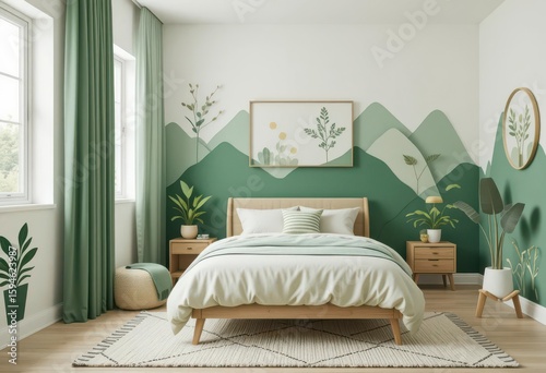  Stylized plant illustrations and soft green hues bring a touch of nature into this clean and modern minimalist child s bedroom.