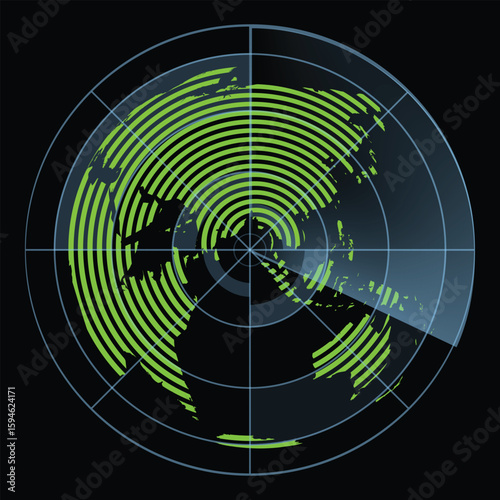 Circle radar style HUD, GUI, UI interface with world map isolated on black background for design, infographic