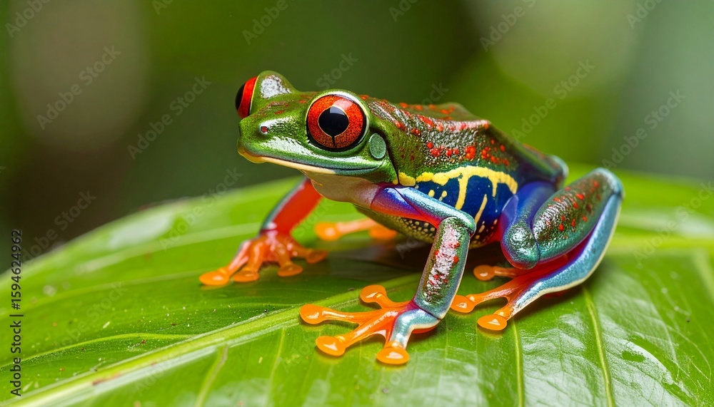 Fototapeta premium Colorful frog sitting on a green leaf.