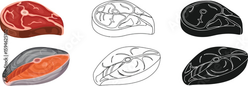 Different steak and salmon illustration in color outline and silhouette food vector drawing set vector