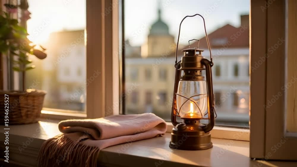 Vintage Oil Lantern On Window Sill With Soft Warm Glow And Cityscape View Creating Cozy Relaxing Evening Atmosphere Indoors

