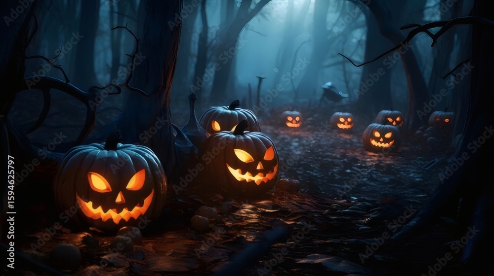 Naklejka premium Spooky Halloween Jack OLanterns in a Dark Forest Path