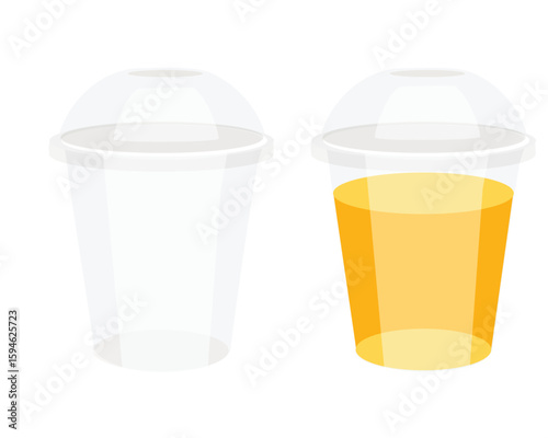 Empty pastic disposable transparent cup and take away glass of fresh orange juice