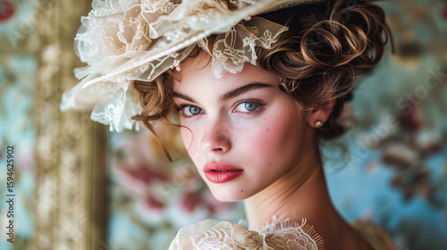A captivating portrait showcasing a woman wearing elaborate vintage-inspired clothing and a delicate hat with lace detailing, emphasizing timeless beauty and classic elegance