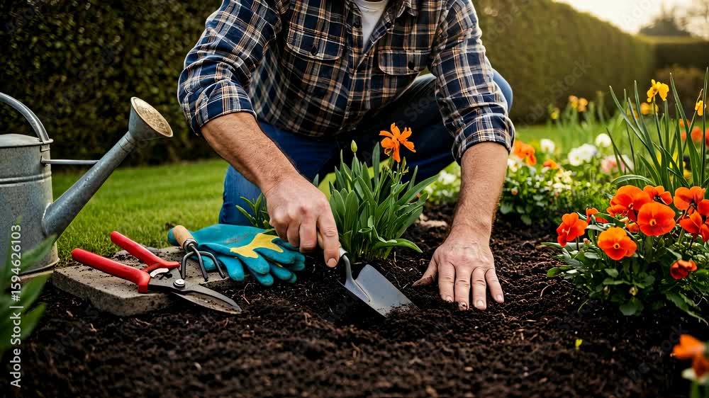 Man gardening in backyard at sunset. Planting colorful spring flowers in soil. Hobby, outdoor activity, and landscaping concept. Daffodils, pansies, and garden tools visible.