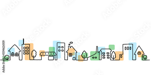 街並みのシンプルな手描き線画イラスト　カラー付き