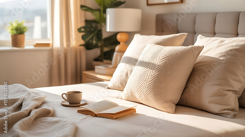 Bedroom scene with bed pillows coffee cup and open book