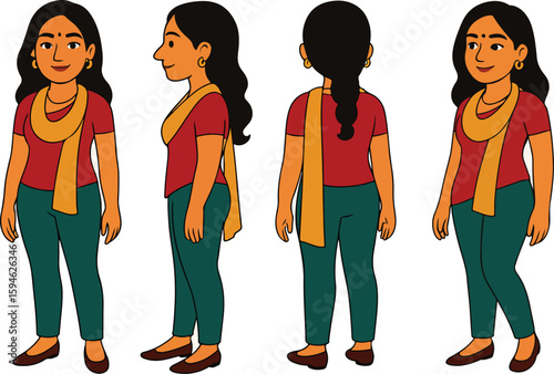 Woman Turnaround Sheet – Front, Side, ⅓ Front view, ⅓ Back View and Back Views. Female Character Turnaround Sheet. Indian Woman