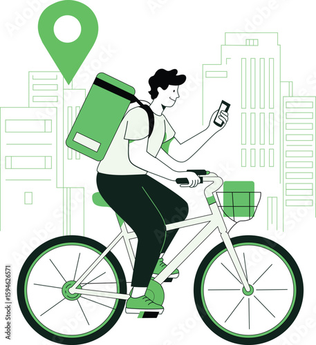 modern line art food delivery courier on bicycle vector illustration