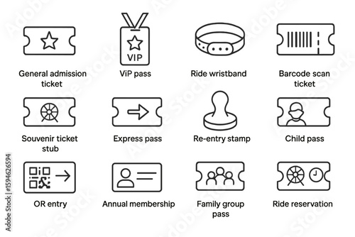 Various ticket icons for entry and access passes on dark gradient background