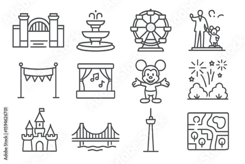 Amusement park icons: ferris wheel, castle, fireworks, mascot