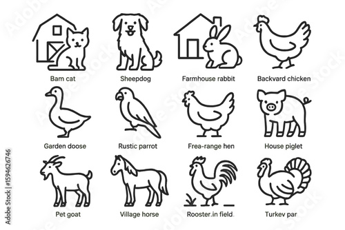 Farm animals icons: cat, dog, rabbit, chicken, goose, parrot, hen, pig, goat, horse