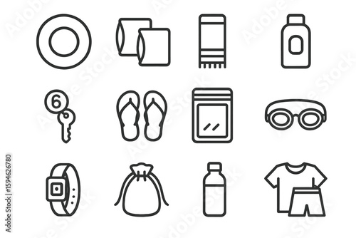 Beach essentials icons set: key, flip-flops, towel, sunscreen, water bottle