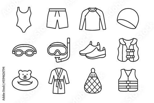 Swim gear icons: swimsuit, snorkel, goggles, life vest, shoes, cap