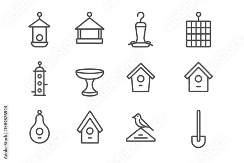 Birdhouse and feeder icons on gray striped background