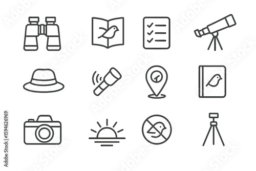 Birdwatching icons: binoculars, telescope, camera, map, notebook, hat