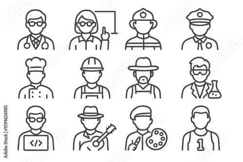 Outline icons of diverse professions on a metallic background