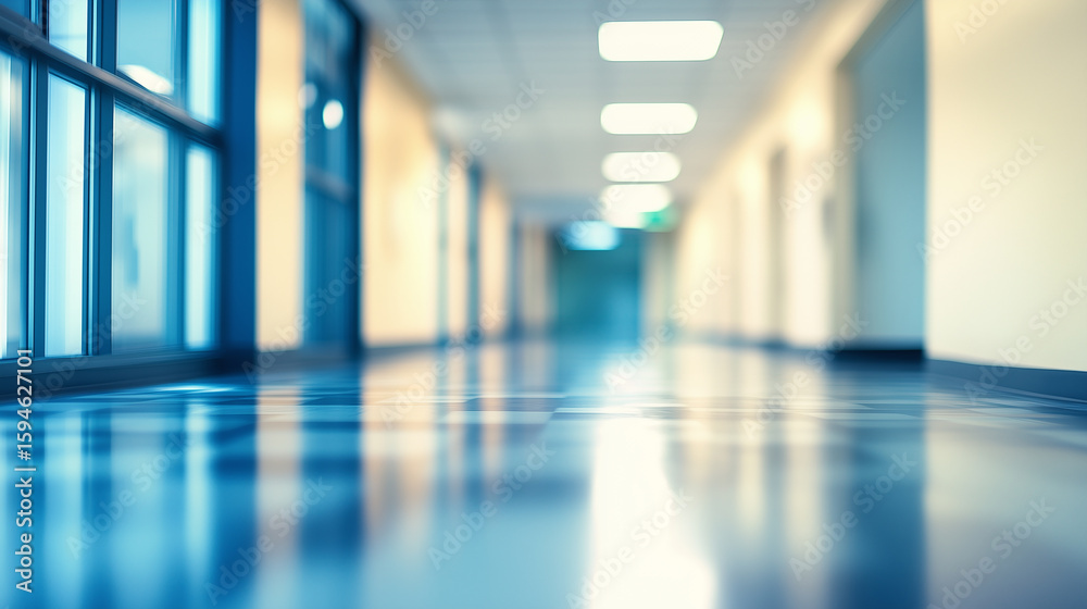 The long empty hallway stretches into the distance with reflective floors The long empty hallway stretches into the distance with reflective floors