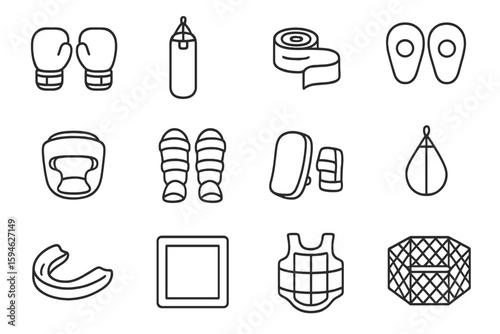 Set of boxing equipment icons on dark background