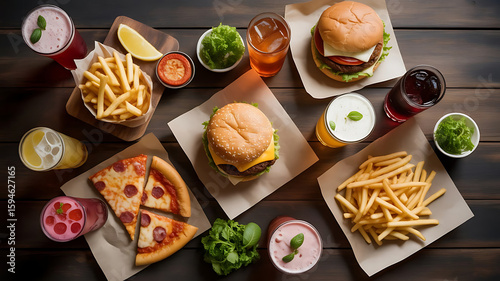 Overhead View of Fast Food Burgers Pizza Fries and Drinks on Wooden Table
