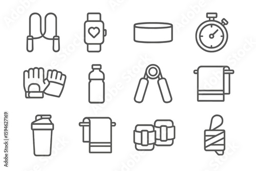 Fitness equipment icons: jump rope, stopwatch, water bottle, towel, gloves