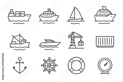 Maritime symbols collection featuring ships and nautical equipment icons
