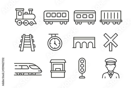 Black and white train icons: locomotive, tracks, signals, clock, conductor