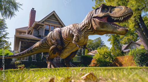 A stunning depiction of a life-sized T-Rex in front of a house, showcasing the mesmerizing integration of prehistoric creatures in modern environments, creating a perfect blend of past and present.