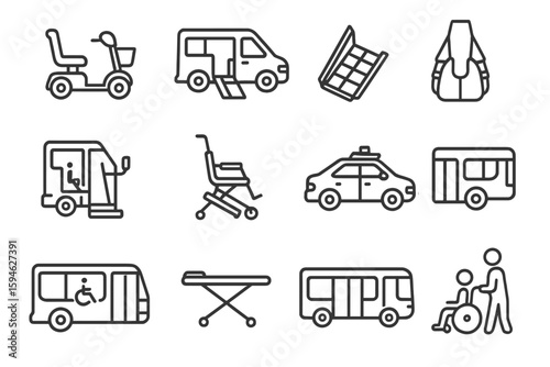 Icons of accessible transportation and mobility aids in dark grey design