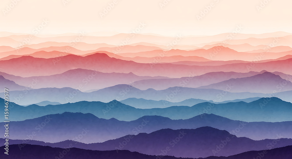 Obraz premium Serene layers of mountainous terrain create a breathtaking vista with vibrant hues of orange, red, and blue, showcasing a tranquil landscape.