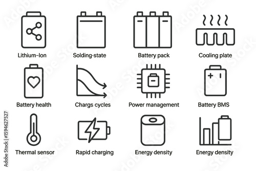 Lithium-ion battery technology icons and concepts overview