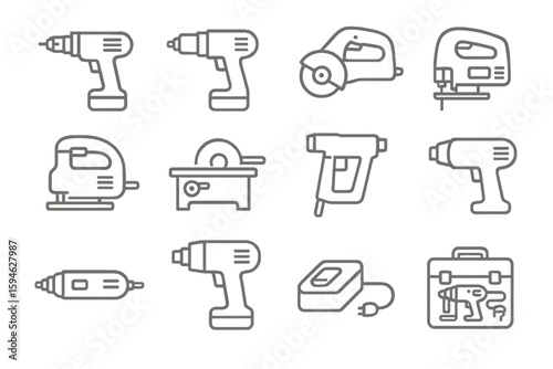 Outline icons of various power tools on gradient background