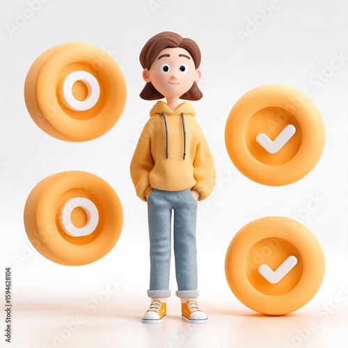3D Person with Circular Checkmark Icons Around