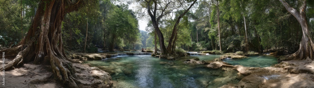 Naklejka premium Serene nature scene 360 degrees hdr panorama in lush forested river environment