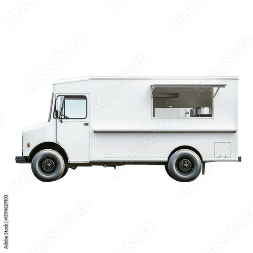 Vintage White Food Truck Ready for Business in Urban Setting on transparent background