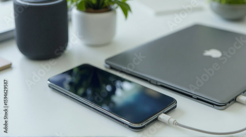 Mobile phone and laptop computer charging on a white desk represent modern technology and seamless connectivity.